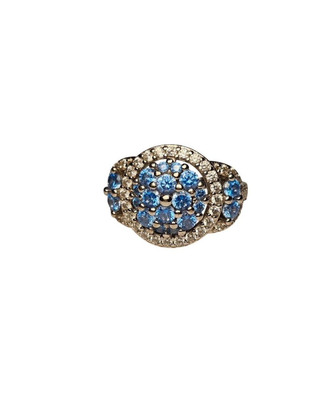 (729) Sterling Silver Blue Topaz CZ Cluster Halo Cocktail Ring Size 4 Vintage